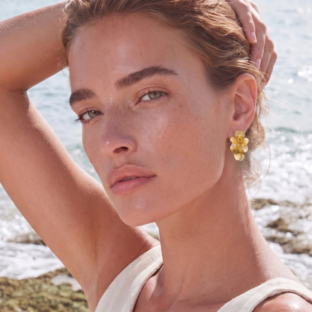 Golden Bloom 14K Gold Plated Double Flower Earrings, Crystal Center Floral Drop Earrings, Elegant Statement Jewelry for Women, Everyday Wear & Gift