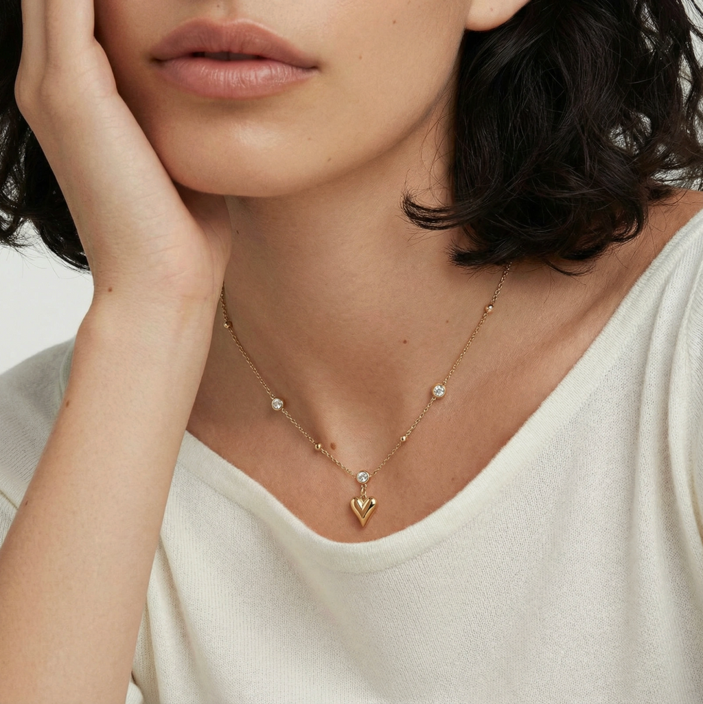 Heart Necklace for Women, Gold Necklace, Crystal Heart Pendant, Layered Necklace Gift