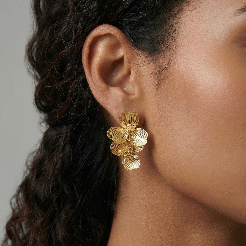 Golden Bloom 14K Gold Plated Double Flower Earrings, Crystal Center Floral Drop Earrings, Elegant Statement Jewelry for Women, Everyday Wear & Gift